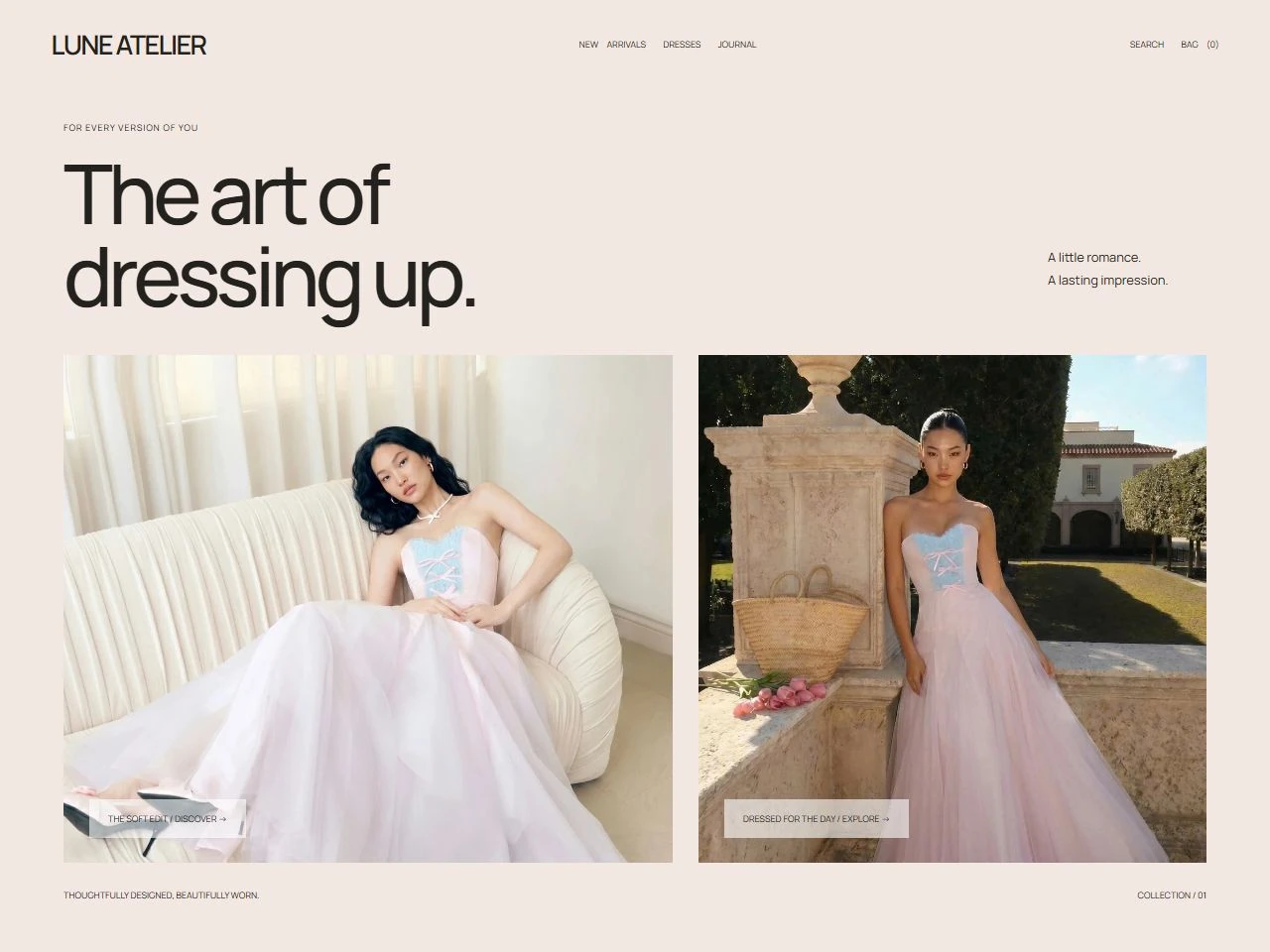 Mẫu giao diện boutique LUNE với hình ảnh và màu sắc nhẹ nhàng