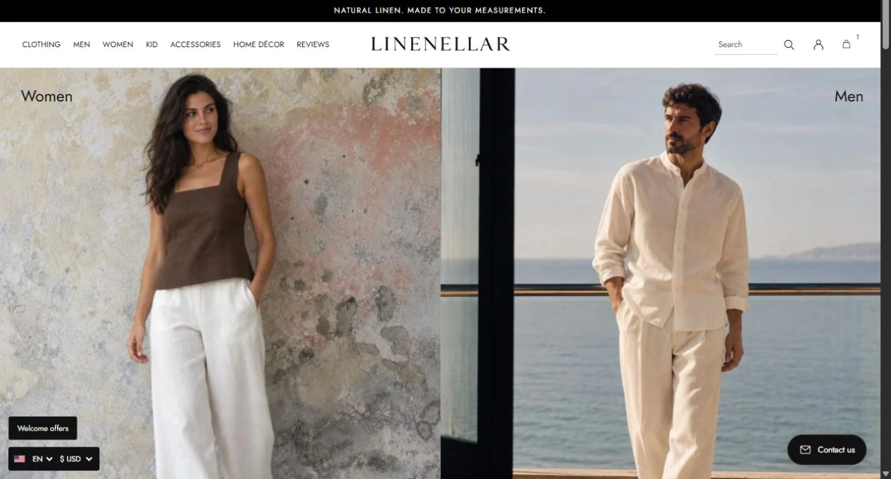 Giao diện cửa hàng thời trang linen LINENELLAR
